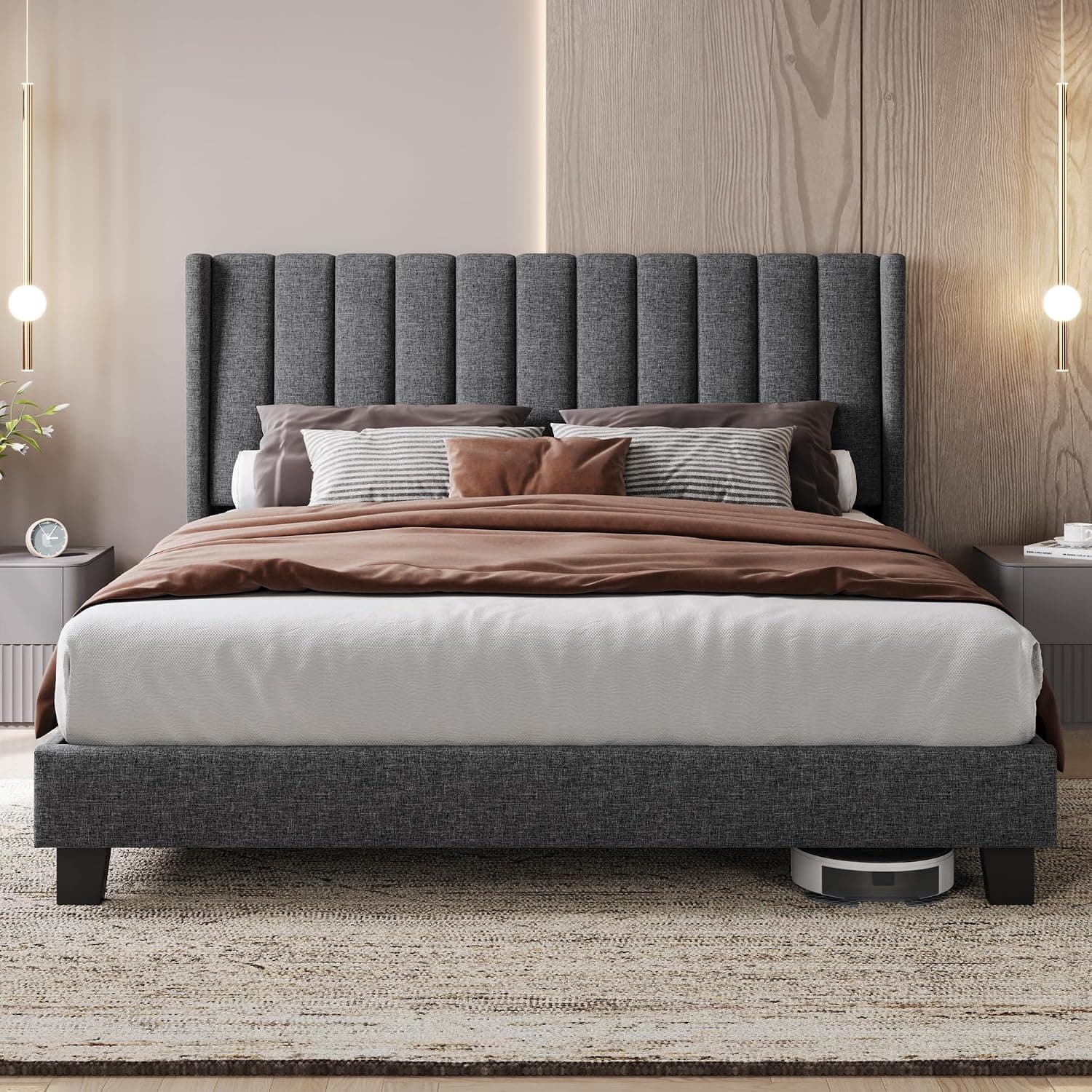 Yaheetech Cama Matrimonio Tapizada con Cabecero Alas 160x200cm Gris Oscuro