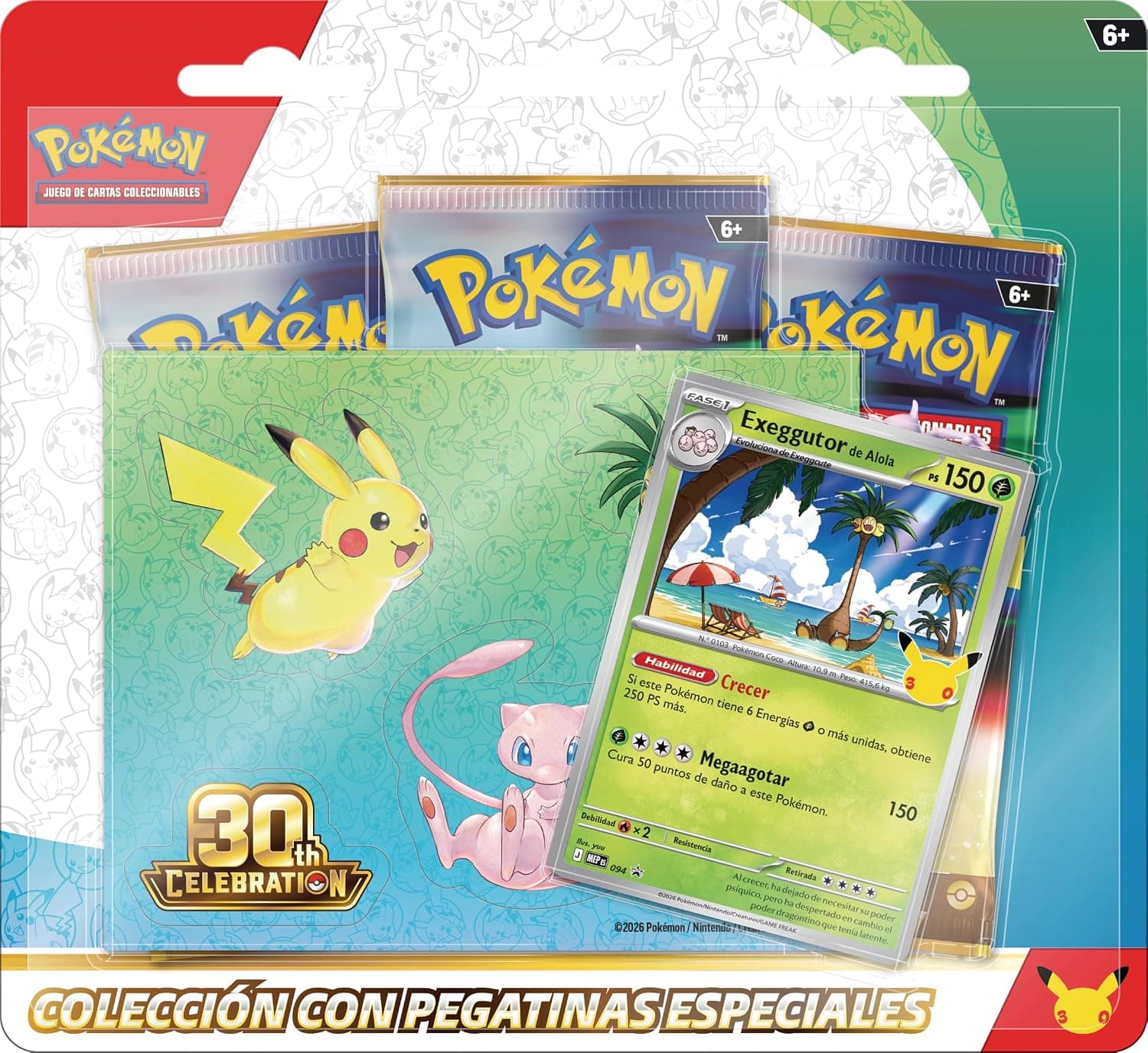 Pokémon: Colección con Pegatinas Especiales de Celebración 30.º Aniversario: Exeggutor de Alola de JCC Pokémon (1 Carta holográfica de promoción y 3 Sobres de Mejora)
