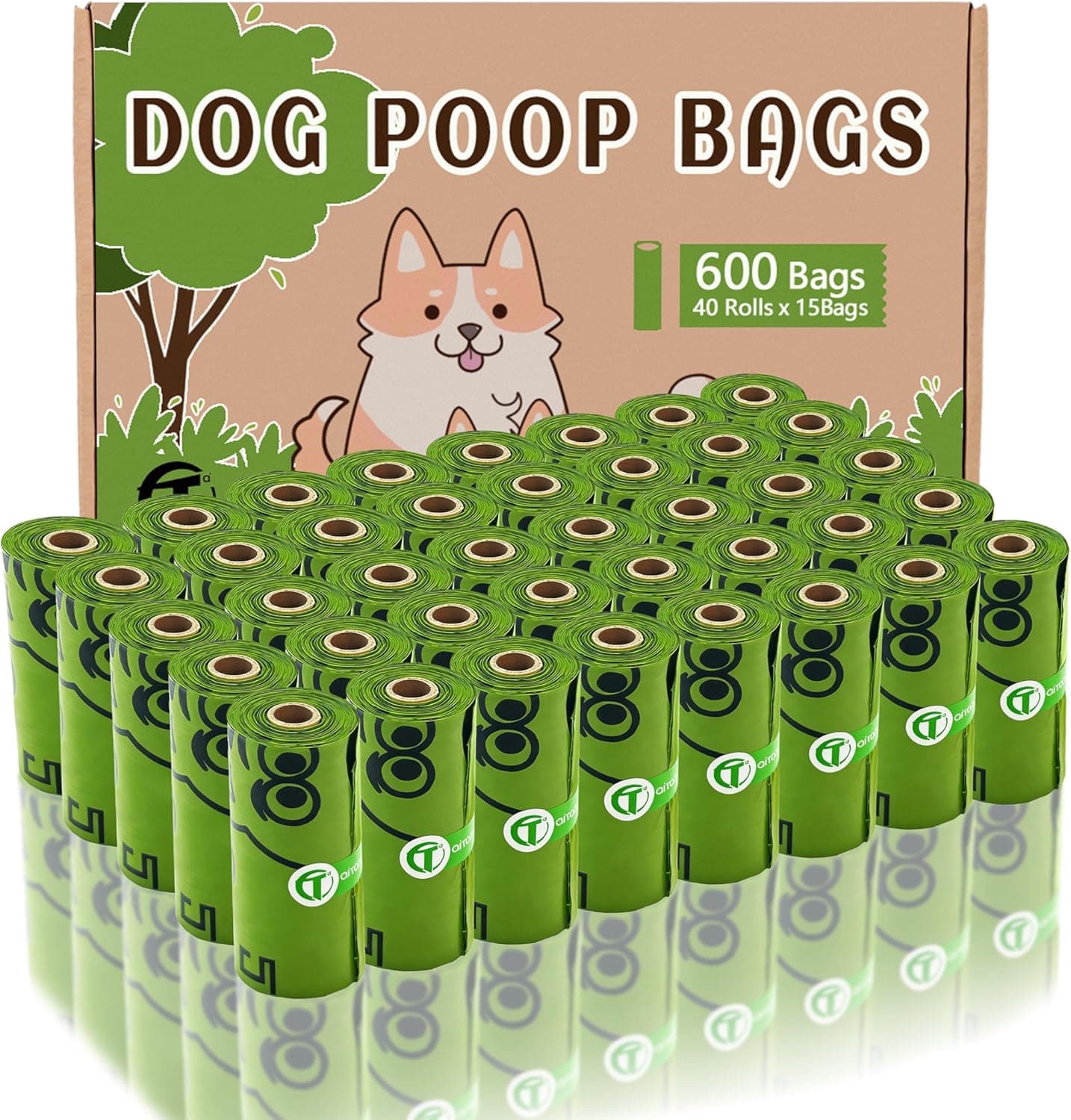 AiTodos® 600 Bolsas Caca Perro, 31×22 cm, PE, Verde, 40 rollos × 15