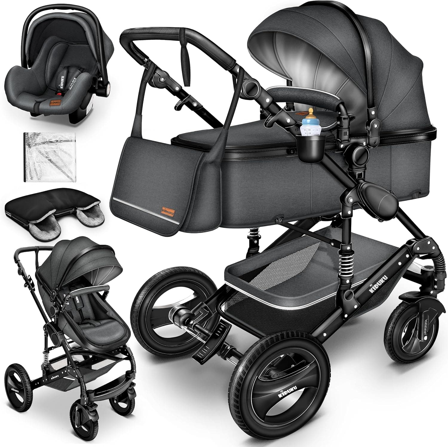 KIDUKU® Carrito de Bebé 3 en 1 | Silla de Paseo para Niños | Carricoche de 3 Piezas | Capazo, Cambiador, Cubrepiés | Sillita Coche Ligera Infantil ECE R129