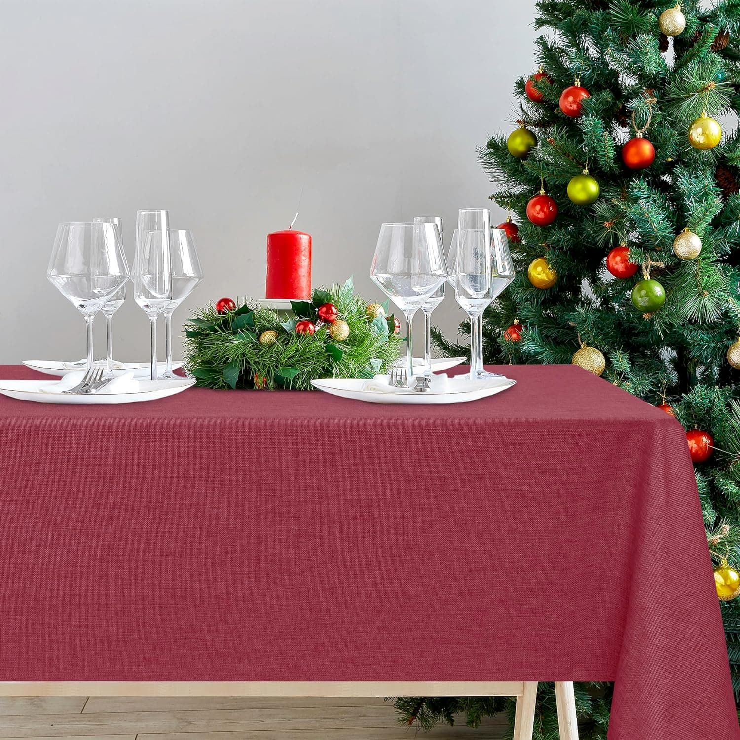DWCN Mantel Rojo con Aspecto de Lino, Antimanchas, Lavable, Impermeable, para Comedor, jardín, Fiesta, Bodas o hogar, 135 x 135 cm