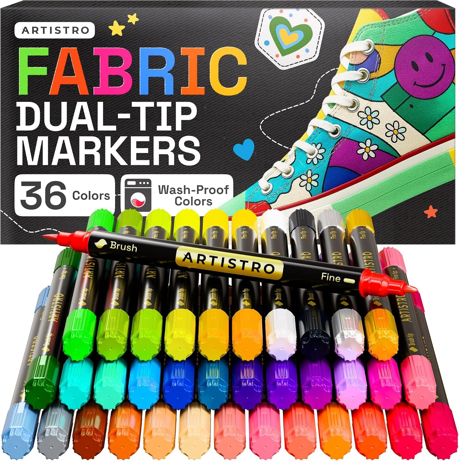 ARTISTRO 36 Marcadores de Tela de Doble Punta - Kit de Decoración Textil - Permanente para Ropa - Rotuladores Sin Manchas para Camisetas, Bolsas, Textiles, Lienzos y Más (Punta de Pincel y Punta Fina)