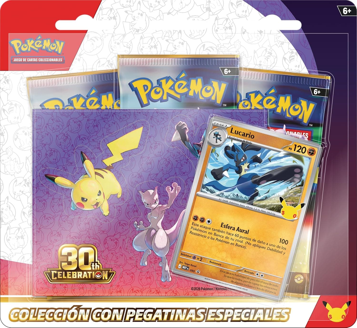 Pokémon: Colección con Pegatinas Especiales de Celebración 30.º Aniversario: Lucario de JCC Pokémon (1 Carta holográfica de promoción y 3 Sobres de Mejora)