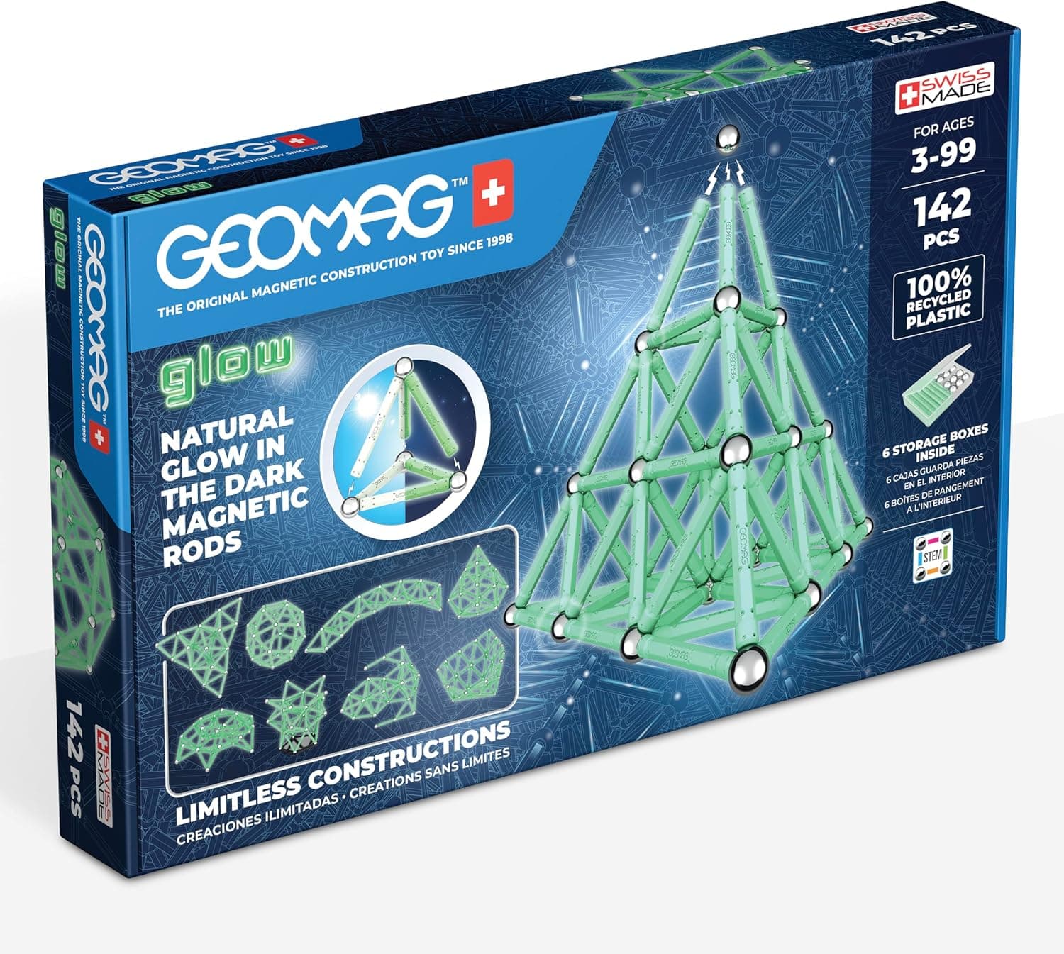 Geomag, Glow Recycled, Construcciones magnéticas con Efecto fosforescente, Barras magnéticas Que Brillan en la Oscuridad, Paquete de 142 Piezas, 100% plástico Reciclado