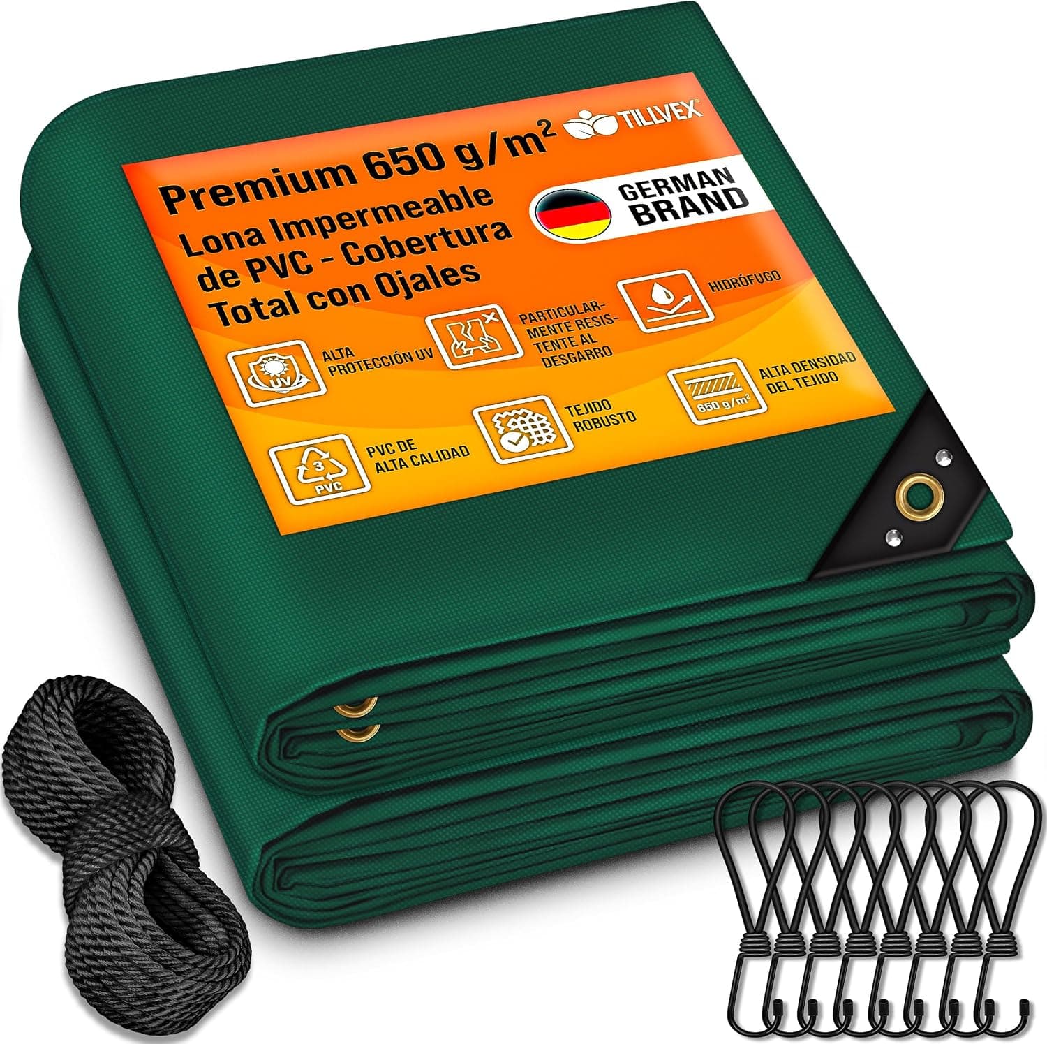 tillvex® Lona con Ojales + 10 Ganchos y Cuerda de 15 m, Lona de 650 g/m² Exterior, Impermeable y al desgarro, Lona de PVC Universal para Camiones, Piscinas, Muebles de jardín, Cubierta Cubierta