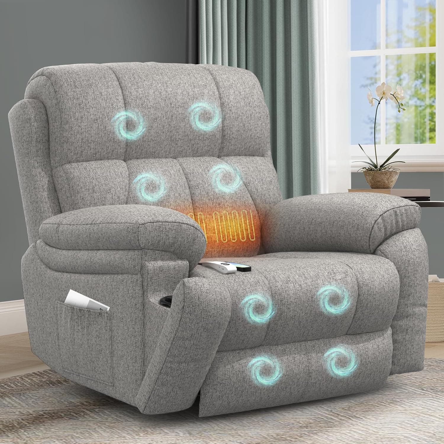 Sillón Relax Reclinable para Personas Mayores, con Masaje y Calor, Reposapiés Extensible, Puertos USB tipo C+, Portavasos Ocultos y dos bolsillos laterales,Reclinable Extragrande tipo Sofá para salón