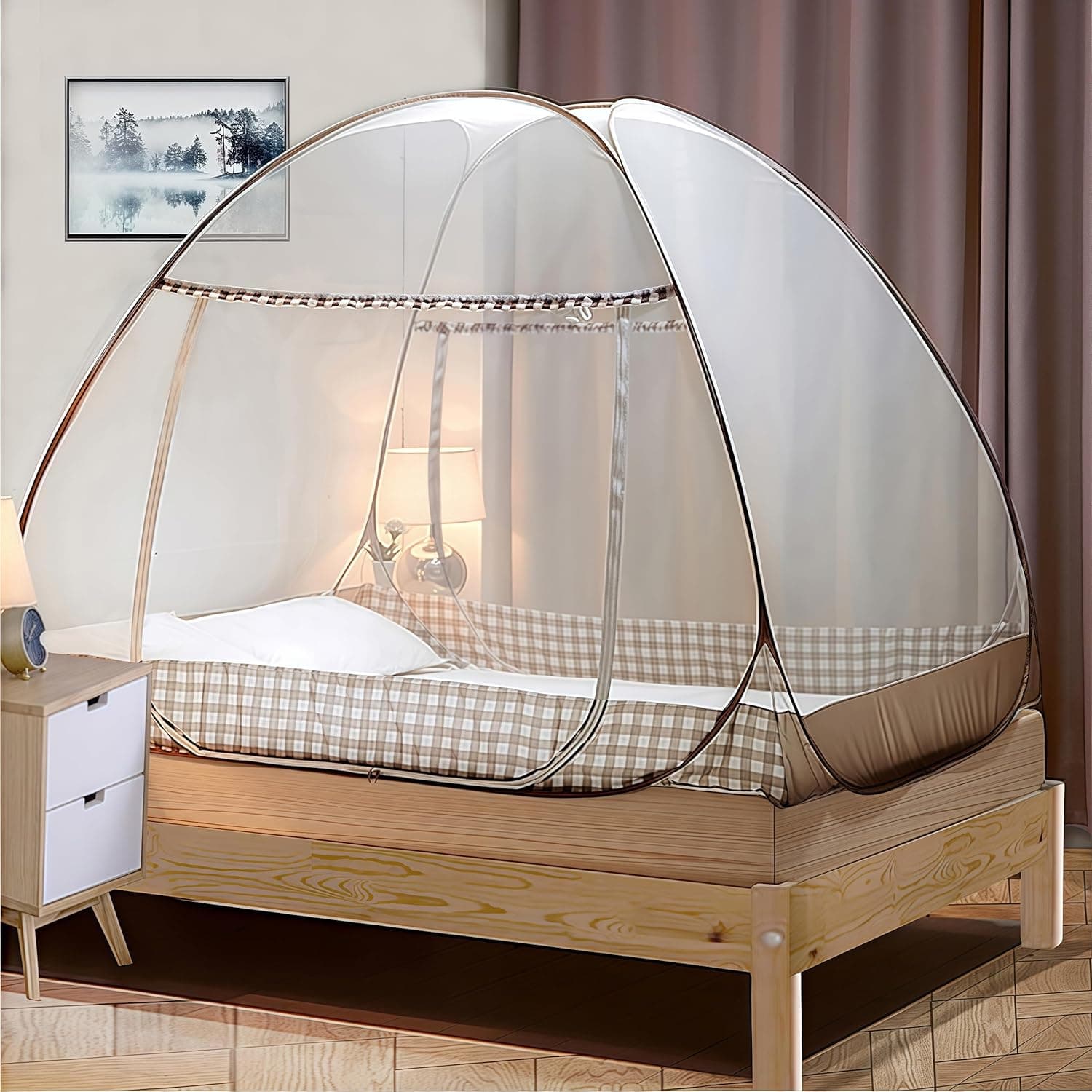Digead Pop-up Mosquitera para Cama Matrimonial 180x200 cm con Doble Puerta – Plegable y Emergente, Ligera y Transpirable de Poliéster, Portátil para Viaje, Hogar o Bebés - Borde Marrón