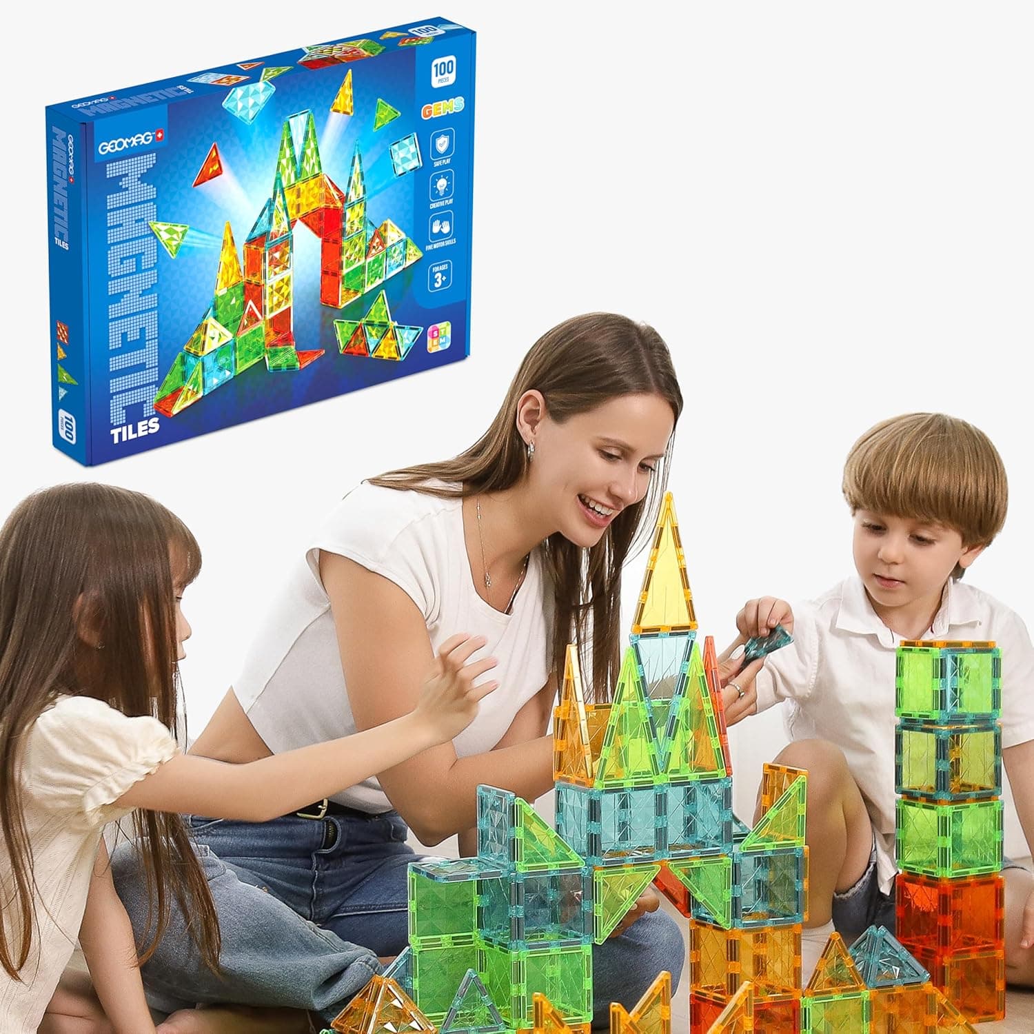 Geomag Magnetic Tiles Gems 100 – Construcciones magnéticas 100 Piezas 3D Azulejos Paneles – Educativo Bloques Imanes Set Juguetes para Niños Creatividad Montessori para 3+ años
