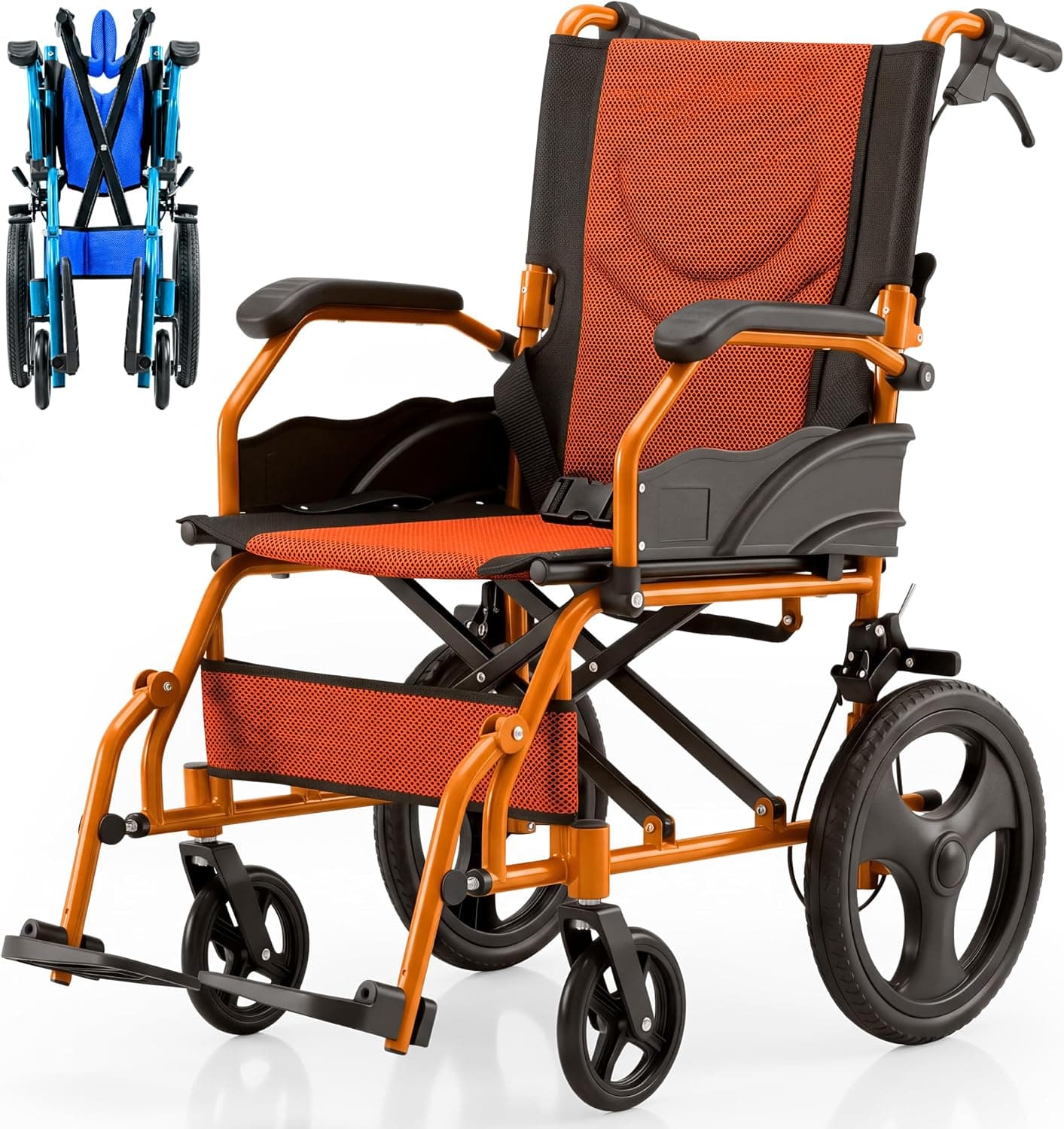 Mobiclinic®, Silla de ruedas, Plegable, Ligera, Dos sistemas freno, Respaldo, Aluminio, Reposapiés abatibles, Modelo pirámide, Pequeñas, Reposabrazos fijos (Naranja, 46 cm)