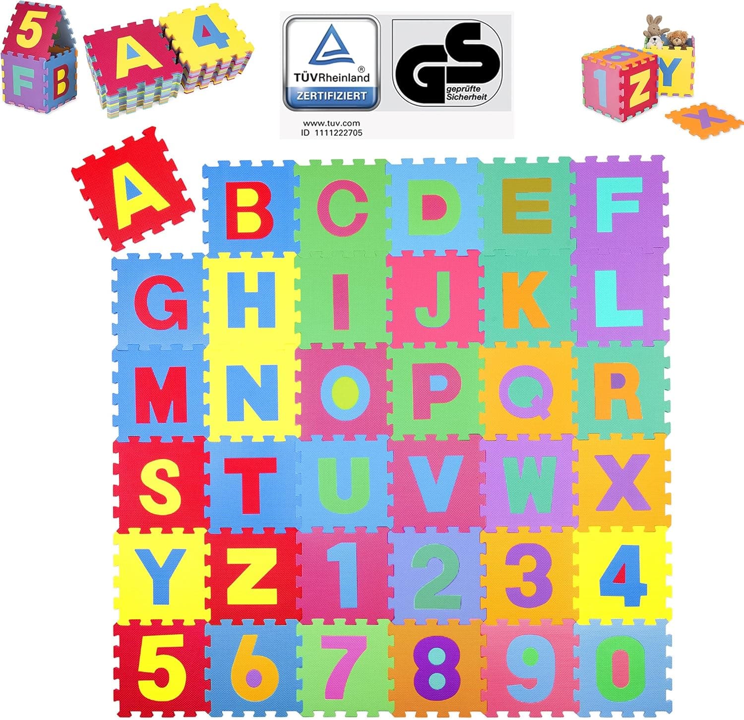 KIDUKU® Alfombra Puzle para Niños 36 Piezas con Certificado TÜV | Colchoneta Rompecabezas Infantil | Gomaespuma EVA | Números y Letras, Tamaño de Cada Pieza 31,5 x 31,5 cm