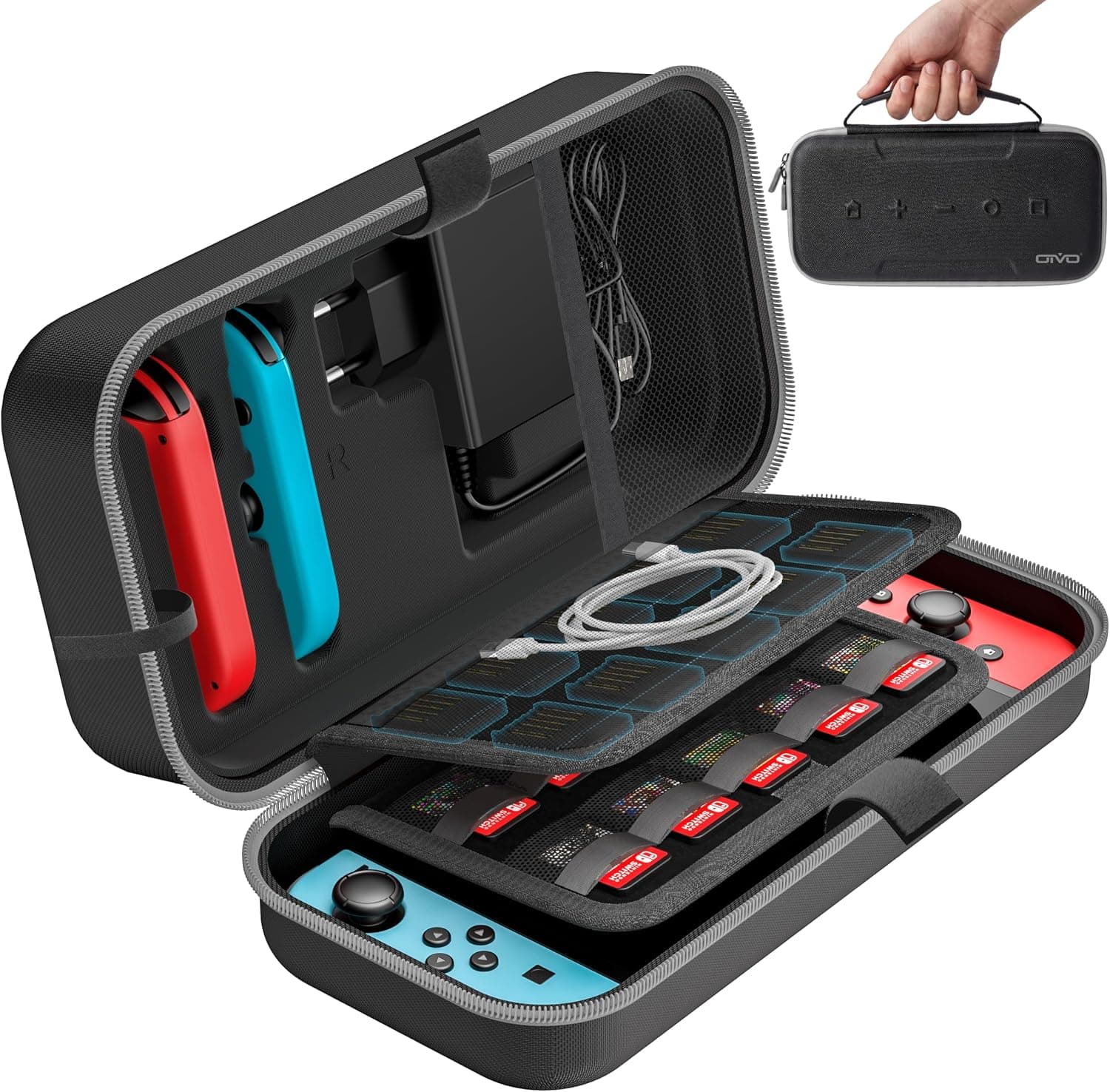 OIVO Funda para Nintendo Switch/OLED, Funda de Transporte para Consola y Accesorios de Nintendo Switch, Funda de Viaje Switch con 20 Ranuras para Tarjetas de Juego - Gris