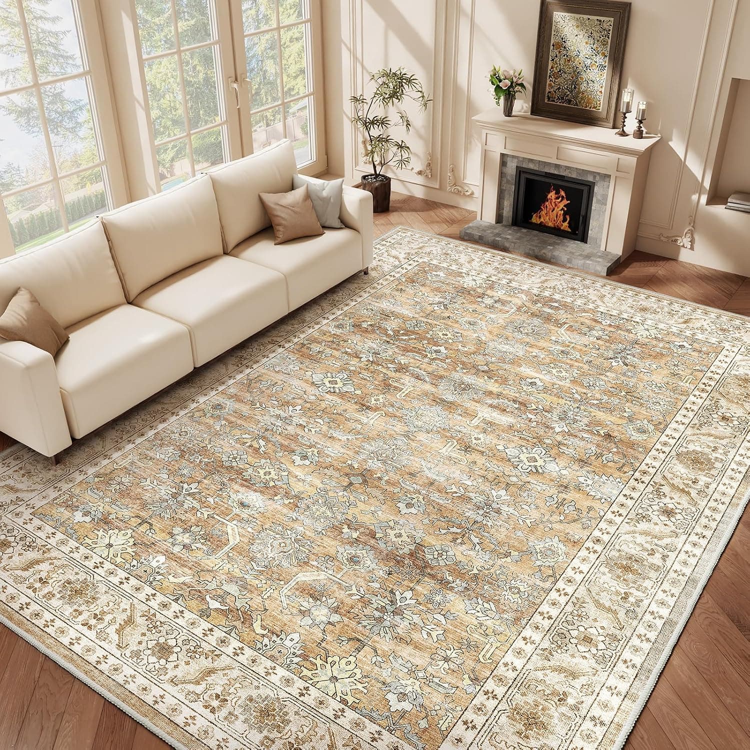 HOMFINE Alfombra Salon 200x300cm Vintage Lavable Beige Marrón