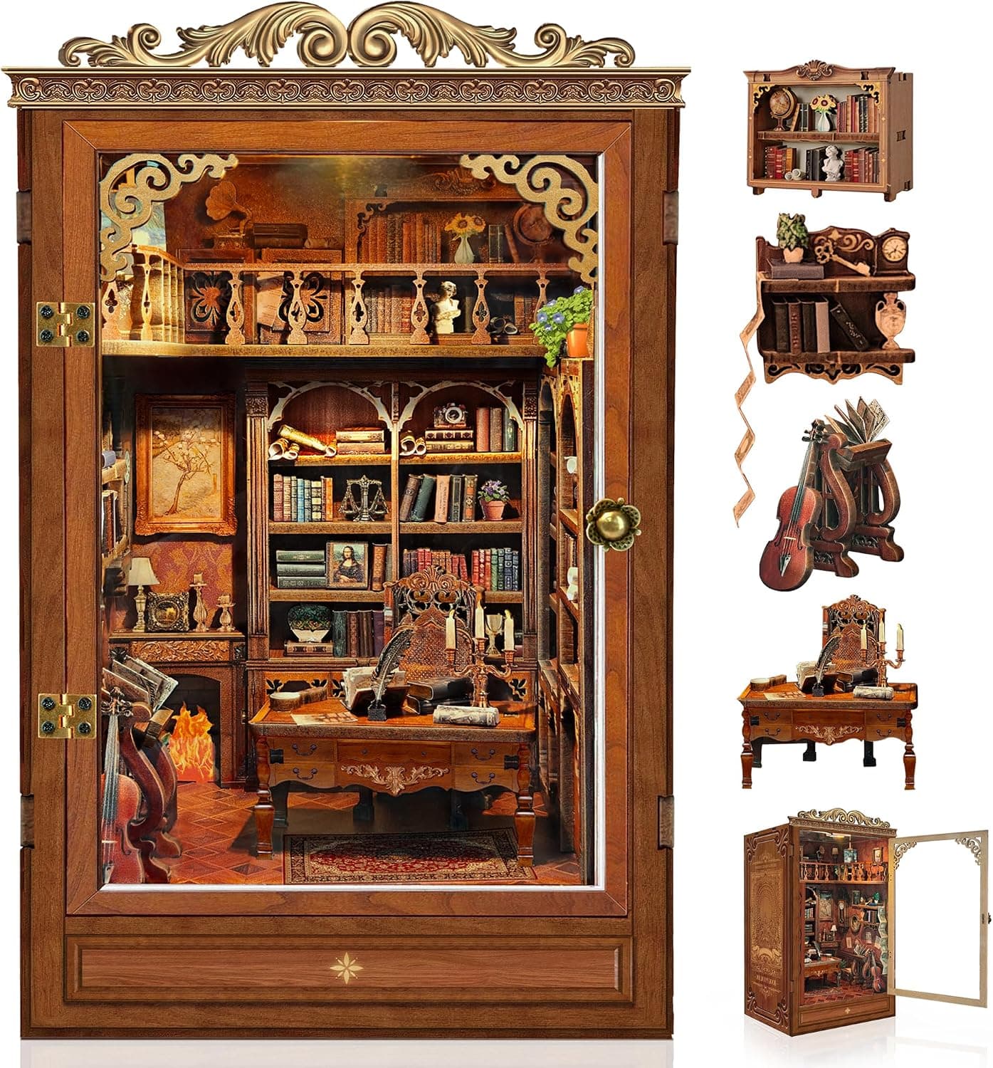 Book Nook Kit para Adutos - puzde 3D de Madera Bilblioteca Mioica Decoracin para Estantena con Cubieta Antipolvo y luz LED - Maqueta de Casa Miniatura para Construir Adultos -Regalo de Manualidad