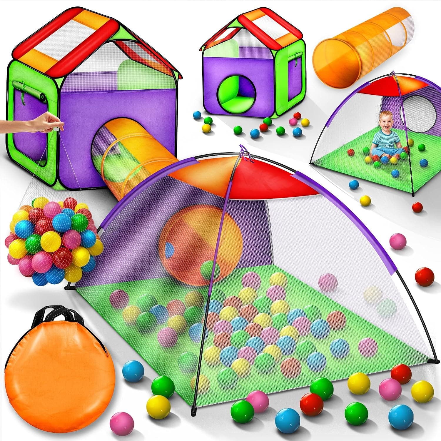 KIDUKU® 3 en 1 Iglú Infantil para Juegos/Tienda de campaña para niños + Túnel de Tela + 200 Bolas + Bolsa para Transportar – Uso Interior y Exterior