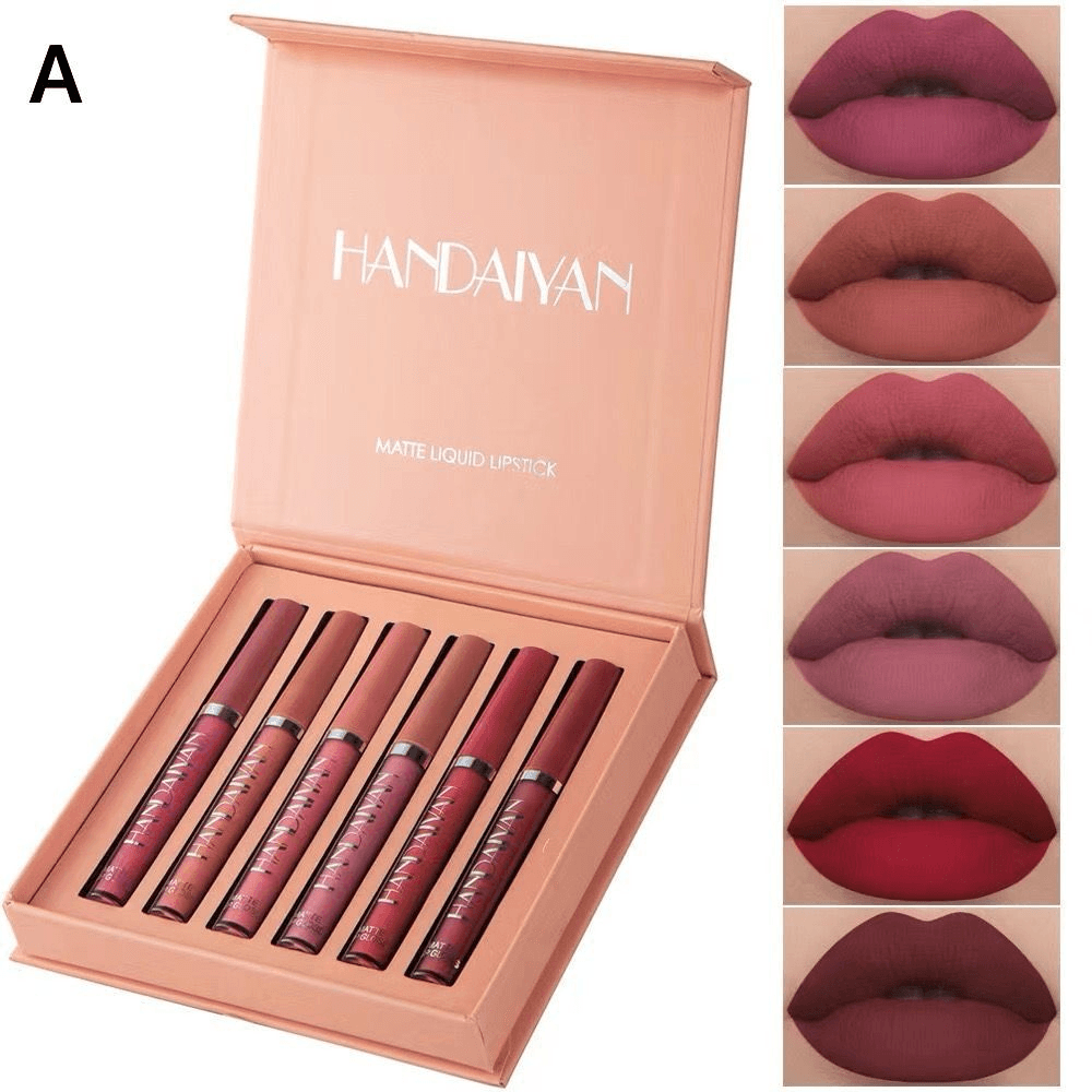 Juego de lápiz Labial Mate 6 Piezas Lápiz Labial líquido Mate para Mujer Impermeable Lápiz Labial líquido de Larga duración Brillo de Labios Cosmético Taza Antiadherente Lápiz Labial Caja