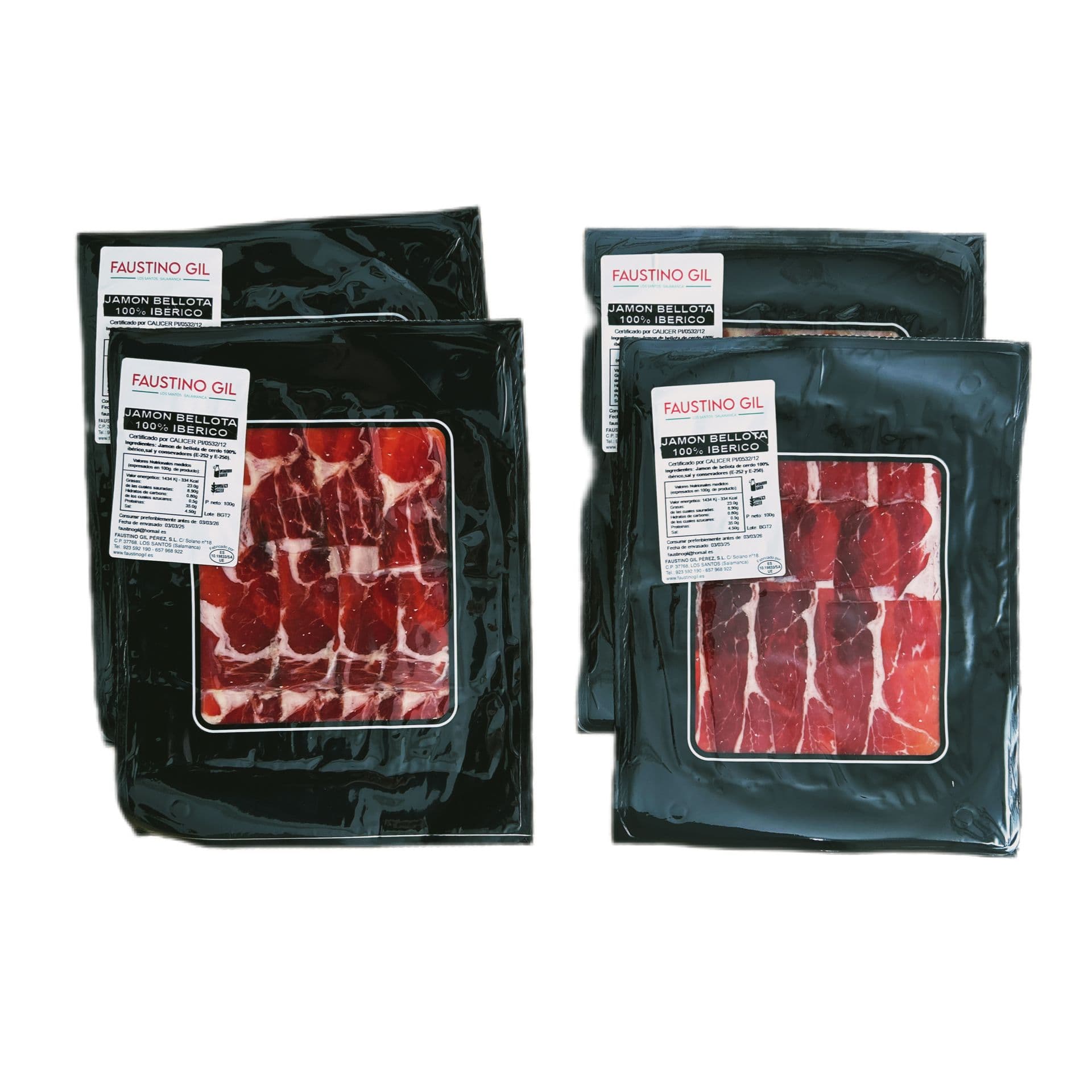 JAMON IBERICO BELLOTA 100% RAZA IBERICA - 4 Sobres de 100g -FAUSTINO GIL PEREZ IBERICO BELLOTA - Simulación Corte a cuchillo - JAMON BELLOTA LONCHEADO A CUCHILLO - JAMON BELLOTA A CUCHILLO Elaboración tradicional - Ibéricos Faustino Gil -