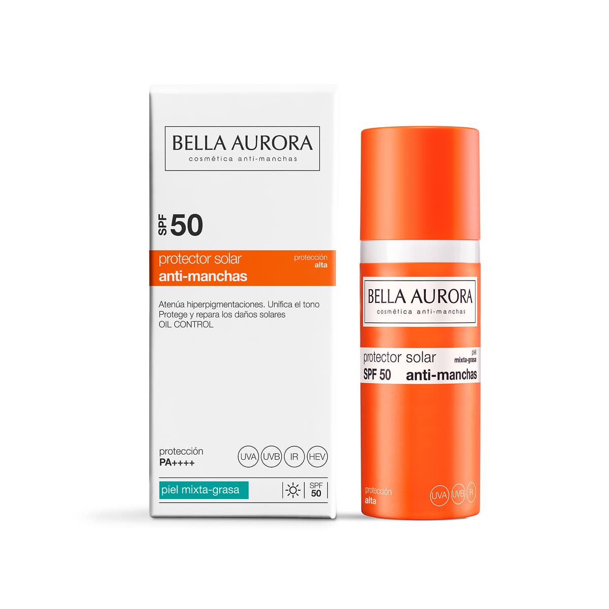 Bella Aurora Crema Solar Facial Antimanchas SPF 50+ | Piel Mixta y Grasa | Protección UVA UVB IR y Luz Azul (HEV) | Acabado Mate, Control de Brillos y Absorción Rápida | Uso Diario | 50 ml