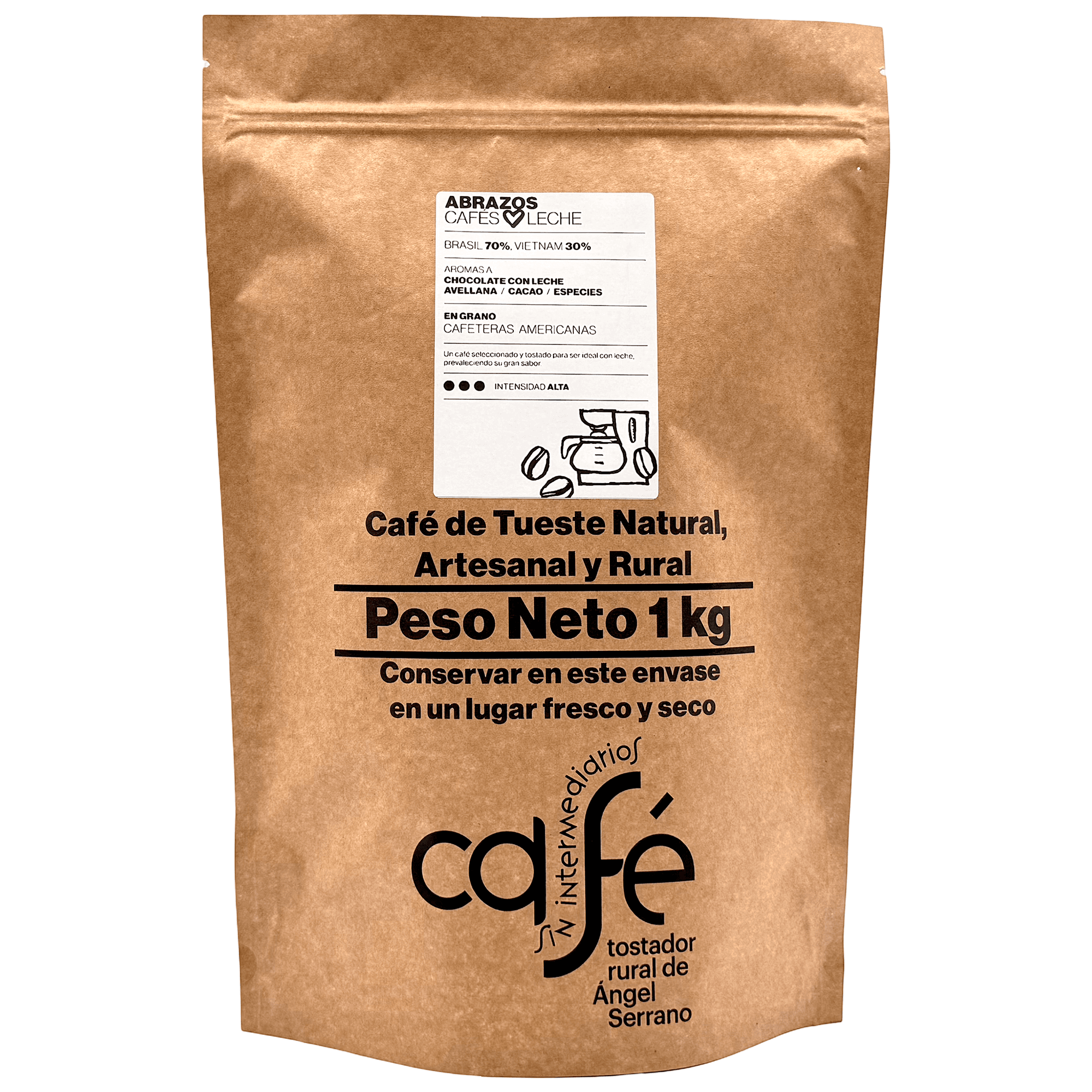CAFÉ SIN INTERMEDIARIOS - Café de Brasil y Vietnam - Abrazos - Ideal para combinar con leche - Intensidad de sabor Alta - Recién tostado y envasado - 1 Kg Grano o Molido (Exprés, Filtro, Italiana, Americana, Superautomática)