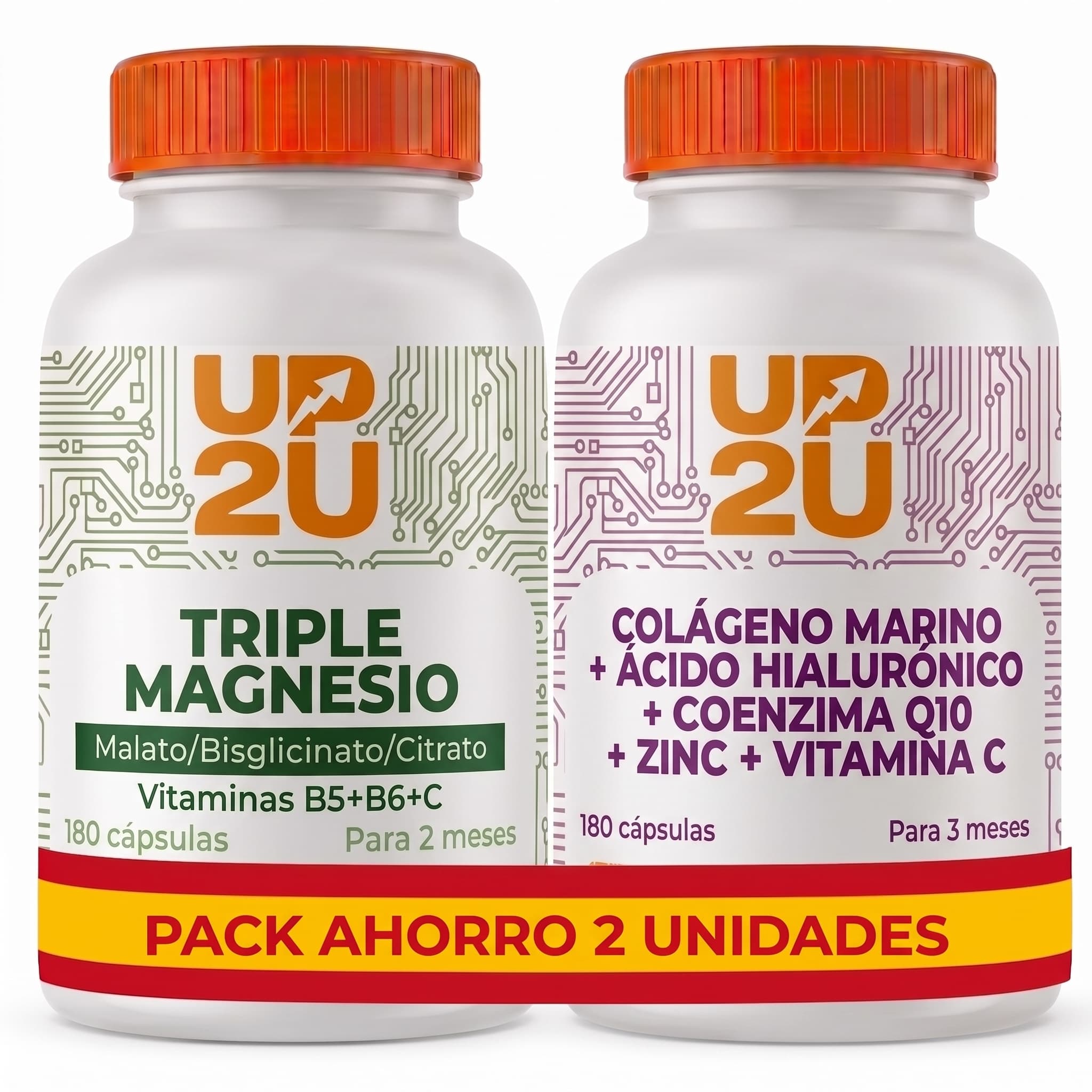 Pack Magnesio Complex (Biglicinato + Malato + Citrato) + Colágeno Marino Hidrolizado con Ácido Hialurónico, CoQ10, Zinc y Vitaminas – Recuperación Muscular, Articulaciones y Descanso – Pack 180 +180 Cápsulas – UP2U Nutrition