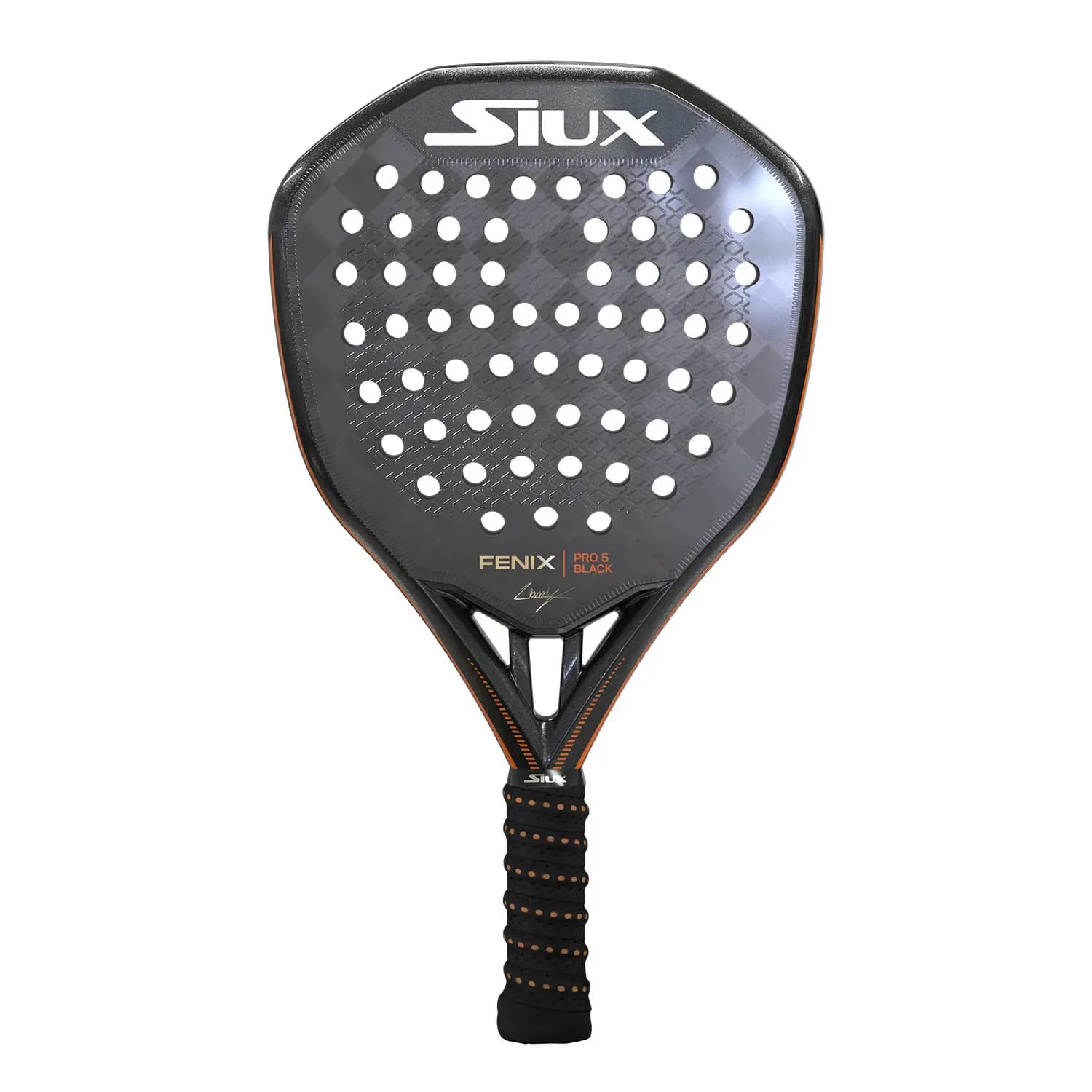 PALA SIUX FENIX PRO 5 BLACK, ideal para jugadores avanzados que buscan potencia, precisión y control. Con balance alto y planos rugosos de carbono 24K, optimiza tu rendimiento en la pista.