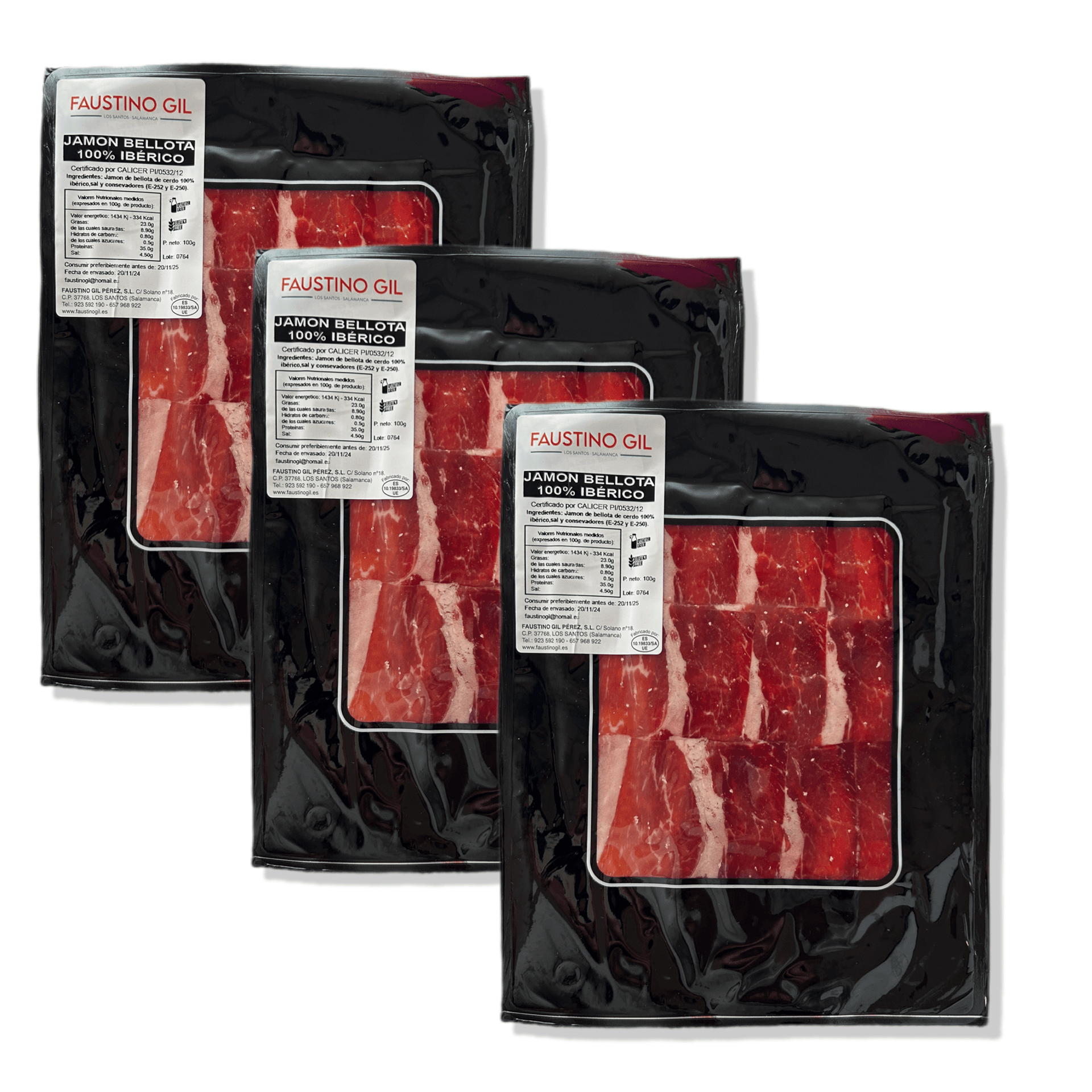 JAMON IBERICO BELLOTA 100% RAZA IBERICA - 3 Sobres de 100g -FAUSTINO GIL PEREZ IBERICO BELLOTA - JAMON BELLOTA LONCHEADO - Elaboración tradicional - Ibéricos Faustino Gil -
