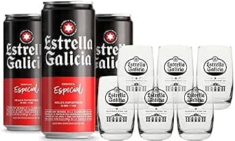 Estrella Galicia Especial y Juego de Vasos - Pack Combinado de Cerveza Estrella Galicia Especial de 24 Latas x 33 cl, Alc 5,5% Vol y Juego de 6 Vasos de Caña, Aptos para Lavavajillas