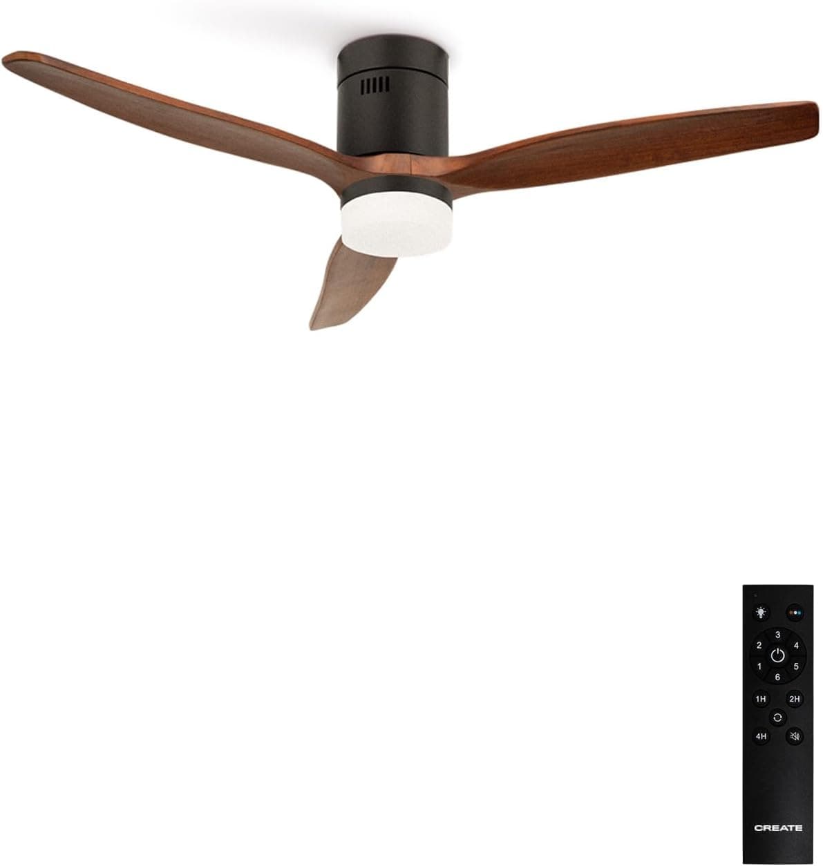 CREATE/WINDCALM/Ventilador de techo ABS con luz negro aspas efecto madera oscura y mando / 40W, Silencioso, Ø132 cm, 6 velocidades, 3 temperaturas de luz, temporizador, función verano-invierno