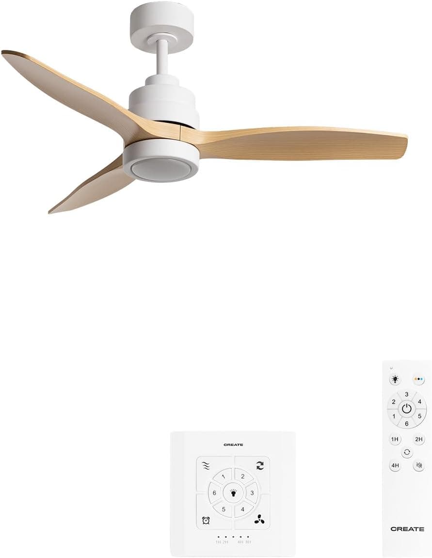 CREATE / WINDSTYLANCE S/Ventilador de techo ABS con luz blanco aspas efecto madera clara con controlador y mando / 40W, Temporizador, Ø112 cm, 6 velocidades, verano-invierno, doble altura