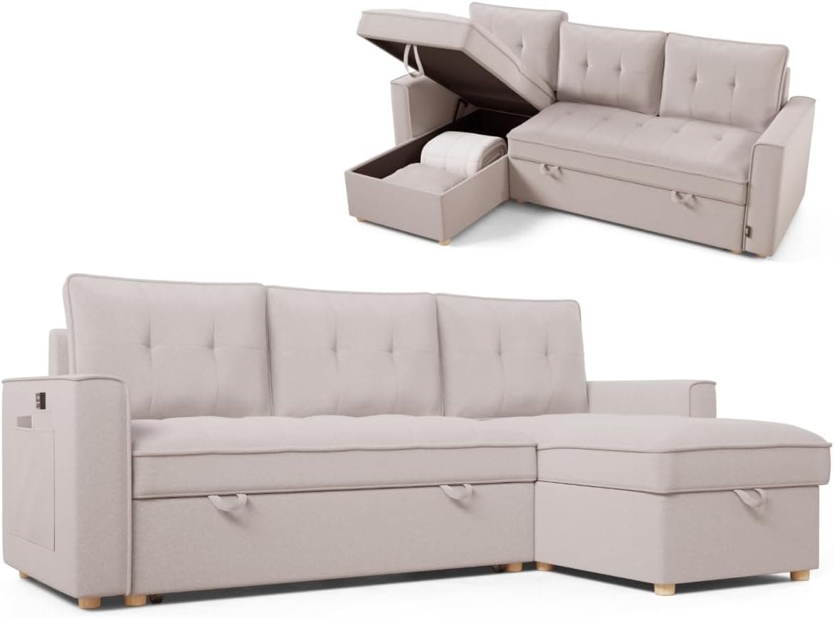 Nalui - Sofa Cama Chaise Longue Haven 213x129x81cm Reversible con Arcón de 127,6L. Sofa de Salon 3 Plazas Convertible en Cama de 122 x 190 cm. Incluye Bolsillos y Tejido 360º, Gris Claro