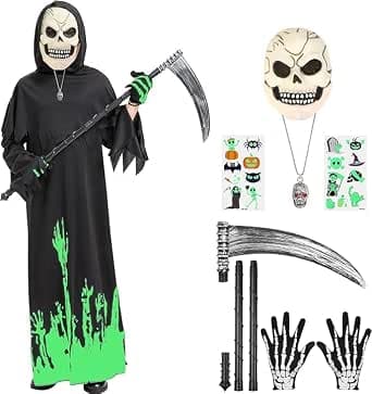 Disfraz Halloween Niño, Disfraz Muerte Niño Compuesto Por Un Mono Fluorescente, Una Máscara De Látex Fluorescente Con Forma De Calavera, Guantes Y Una GuadañA Halloween.
