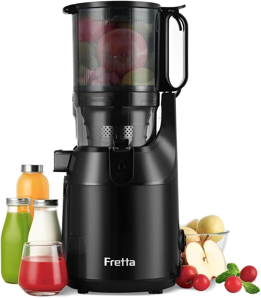 Fretta Extractor de Zumos y Verduras, Apertura de 135 MM y Capacidad de 1,8 L, Licuadora Prensado en Frio para Frutas y Verduras Enteras, 250W Juicer Machine, Sin BPA, Incluye 2 Vasos (Negro, 1,8L)