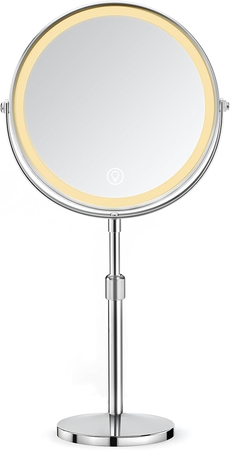Espejo Maquillaje con Luz Recargable, Espejo Aumento de Doble Cara 10x/1x, Rotación 360°, Altura Ajustable 38-48 cm, 3 Tonos de Luz y Brillo Regulable Continuamente, Batería 2000 mAh, Plateado