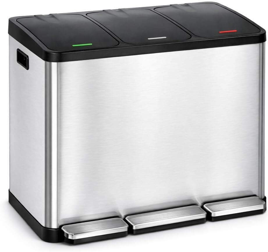 T-LOVENDO.ES Cubo de Basura Reciclaje 3 Compartimentos 3x15L Acero Inoxidable | Cubo Triple Pedales Independientes Antideslizantes | Contenedores Extraíbles | Tapa Cierre Suave | Cocina Oficina Hogar