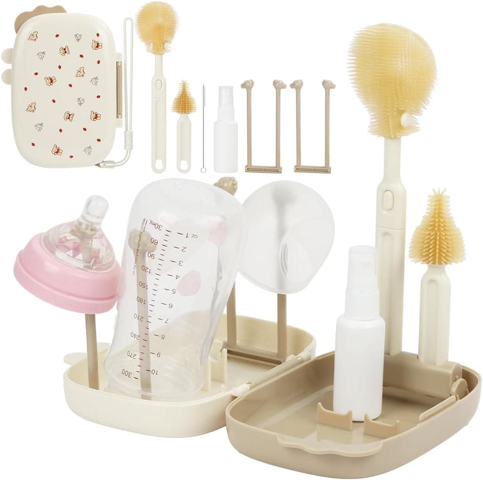 Vicloon Set de Cepillos para Biberones, 6 en 1 Kit de Cepillo Limpia Biberones Viaje con Cepillo para Biberones, Pezones & Pajitas, Dispensador de Jabón, Caja de Almacenamiento, Soporte para Secado