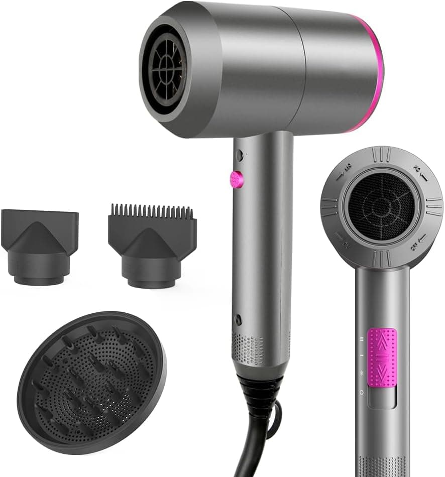Faszin Secador de Pelo Iónico Motor AC Duradero Secadores pelo iones profesional, Difusor y Concentrador, 3 Temperaturas, 2 Velocidades, negativos Hair Dryer (Grey)