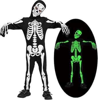 Disfraz Esqueleto Niño,Disfraz Halloween Niño con Motivos de Esqueletos y Calaveras Que Brillan en la Oscuridad, Disfraces Halloween Niños para Carnaval, Fiestas Temáticas.