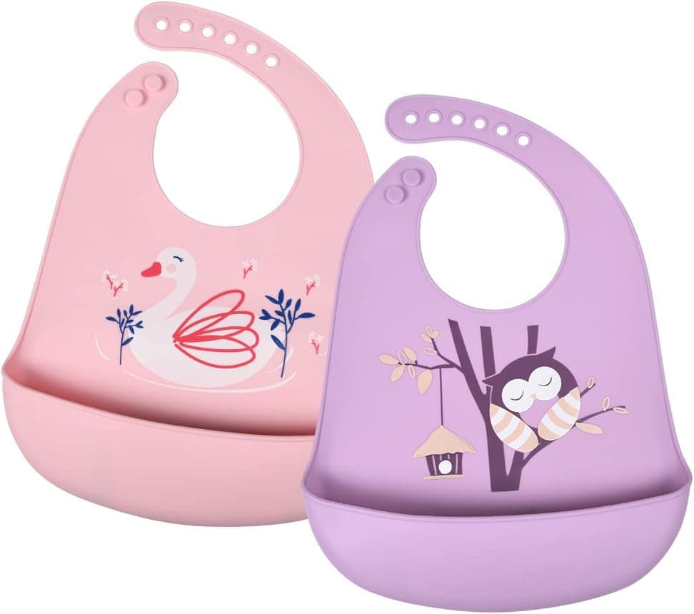 Vicloon Baberos de Alimentación para Bebés,2pcs Baberos de Silicona,Baberos Impermeables,Baberos Suave Ajustable para Bebés y Niños Niñas,Baberos para alimentación de bebés con Recolector Alimentos