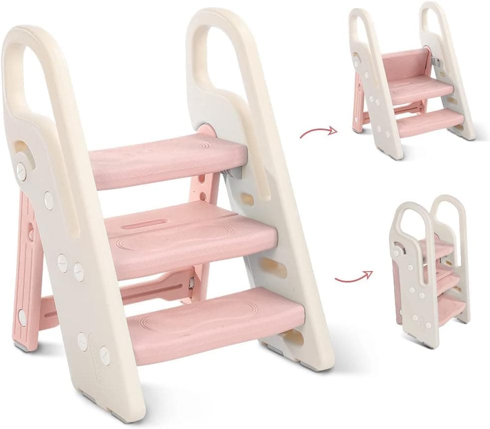 Onasti Taburete Plegable de Tres peldaños para niños, Escalera de 3 peldaños para niños, Asiento de Entrenamiento para Inodoro, multifunción, Ajustable en Altura, Antideslizante (Rosa)