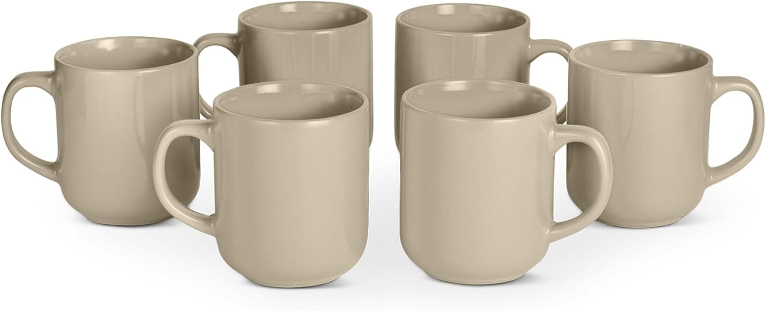 Amazon Basics Tazas de Café de Gres Esmaltado, Juego de 6 Piezas, 455ml, Aptas para Microondas y Lavavajillas, Gris Lino