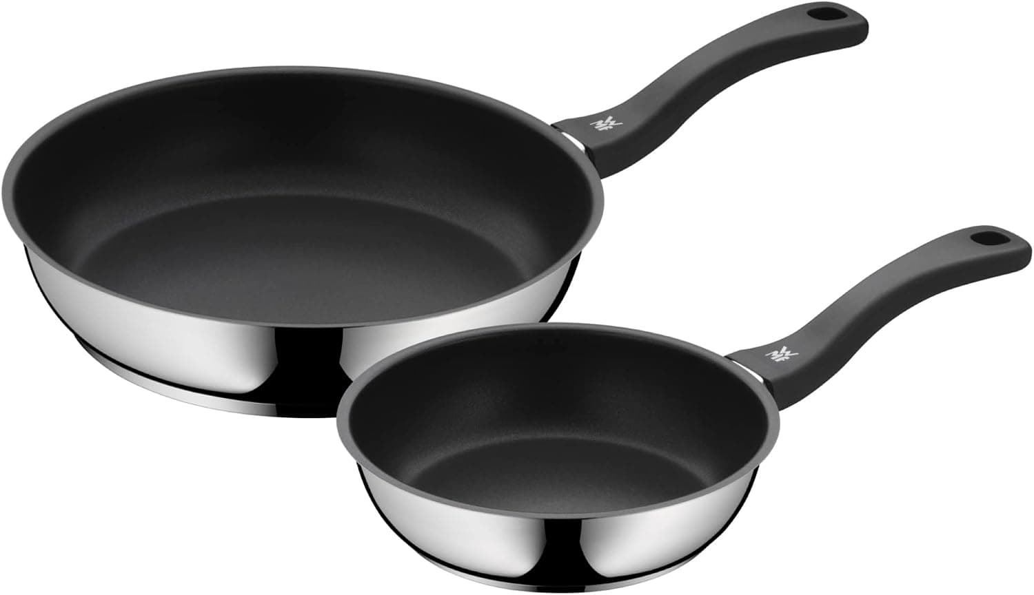 WMF Devil - Juego de 2 Sartenes Antiadherentes 20-28 cm, Sartén de Acero Inoxidable y Revestimiento Antiadherente para Todo Tipo de Cocinas Incluido Inducción, Color Negro