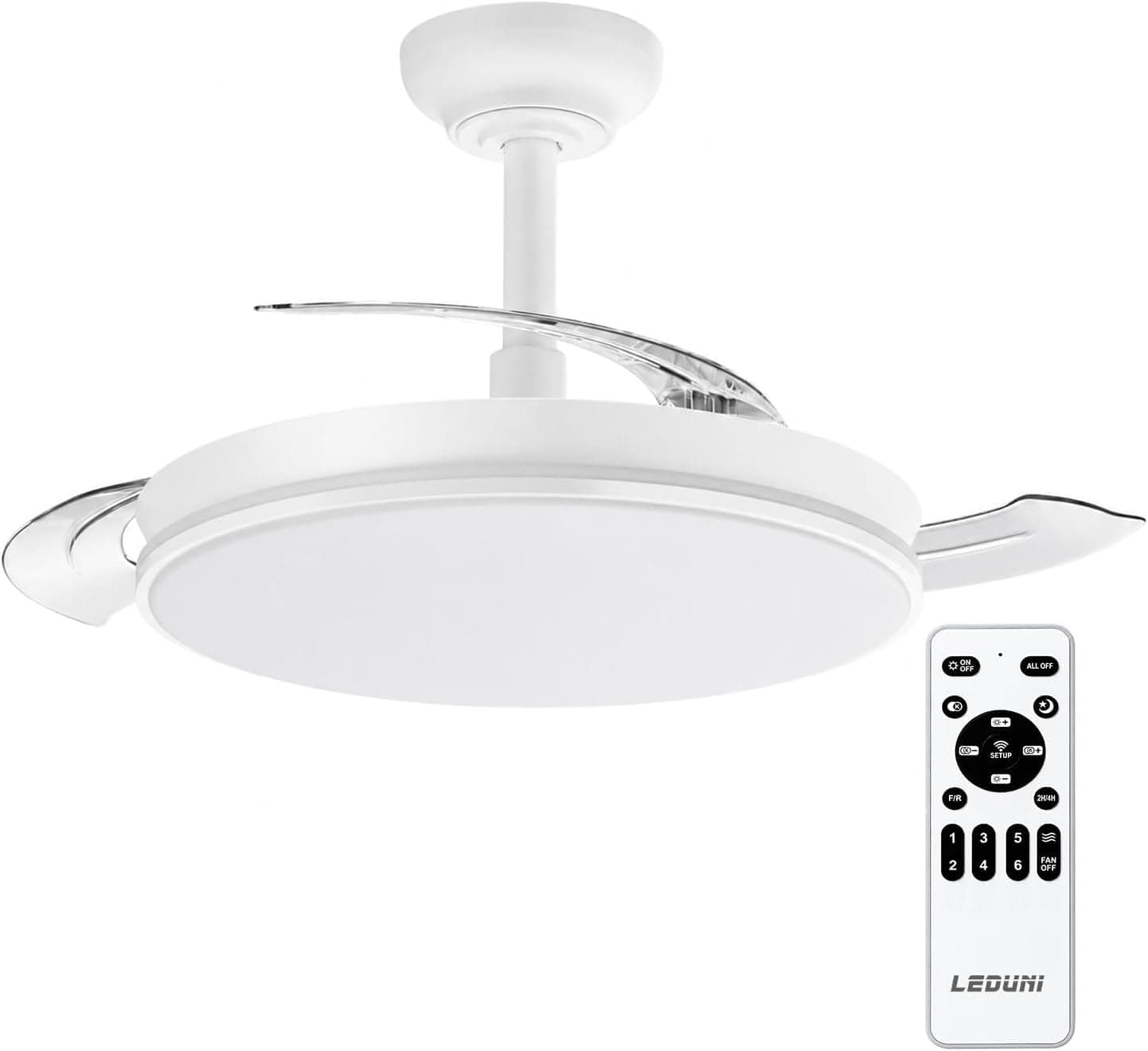 LEDUNI Ventilador con Luz, Motor DC 30W+20W Luz LED, 2300lm con mando a distancia, 6 velocidades, 3 aspas retráctiles, 3 temperaturas de luz, función verano-invierno Silencioso (Mini Mate)