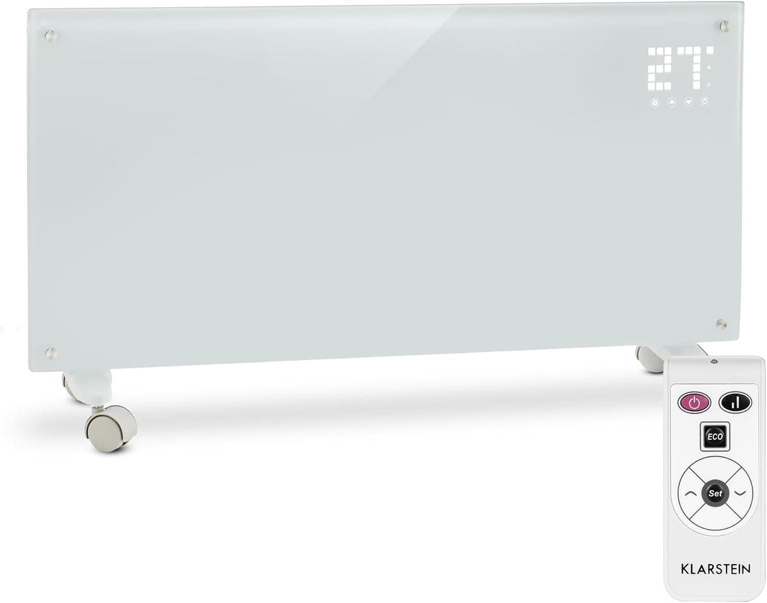 Klarstein Radiadores Bajo Consumo Electricos para Casa, Estufa Electrica de 2000W con Ruedas, Radiador Electrico Silencioso, Portátil y Delgado, Estufas con Panel para Pared, Pantalla y Termostato