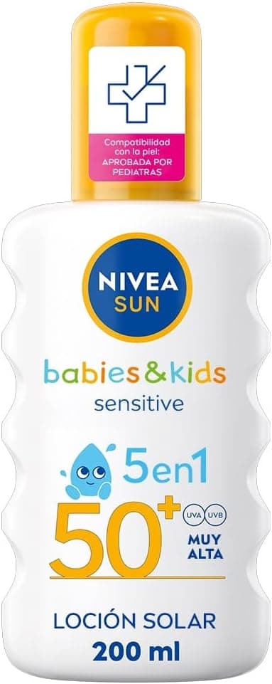 NIVEA SUN Babies & Kids Sensitive Spray Solar FP50+ (1 x 200 ml), protector solar para niños, protección solar muy alta, crema solar para bebés para reducir el riesgo de alergias solares