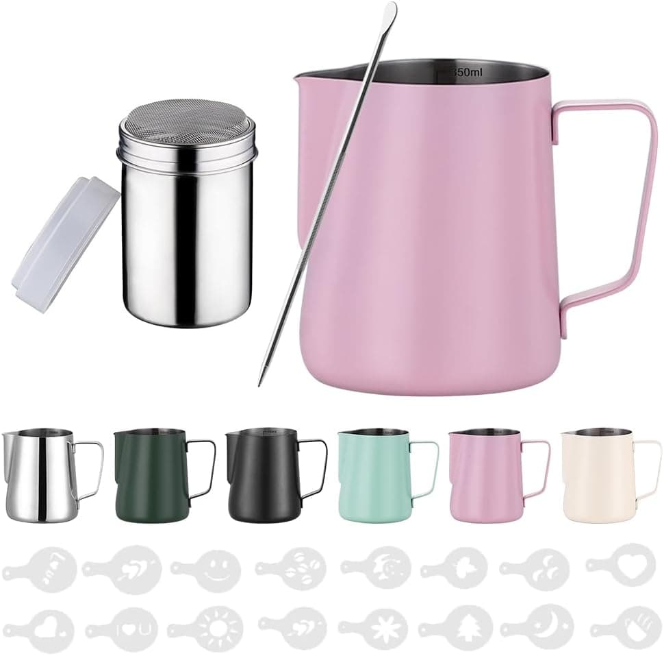 350ml Jarra Leche Barista Acero Inoxidable,con Medición Mark 12 oz, Jarra de Espuma de Leche con Dispensador de Cacao, 16 Plantillas y Bolígrafo para Capuchino y Espresso,Rosa