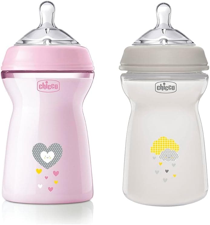 Chicco Biberón Anticolico Natural Feeling, Biberones Anticolicos Bebé 6 Meses+, Biberón Bebé 330 ml de Silicona, Flujo Rápido, Pack 2 Unidades, Rosa y Neutro