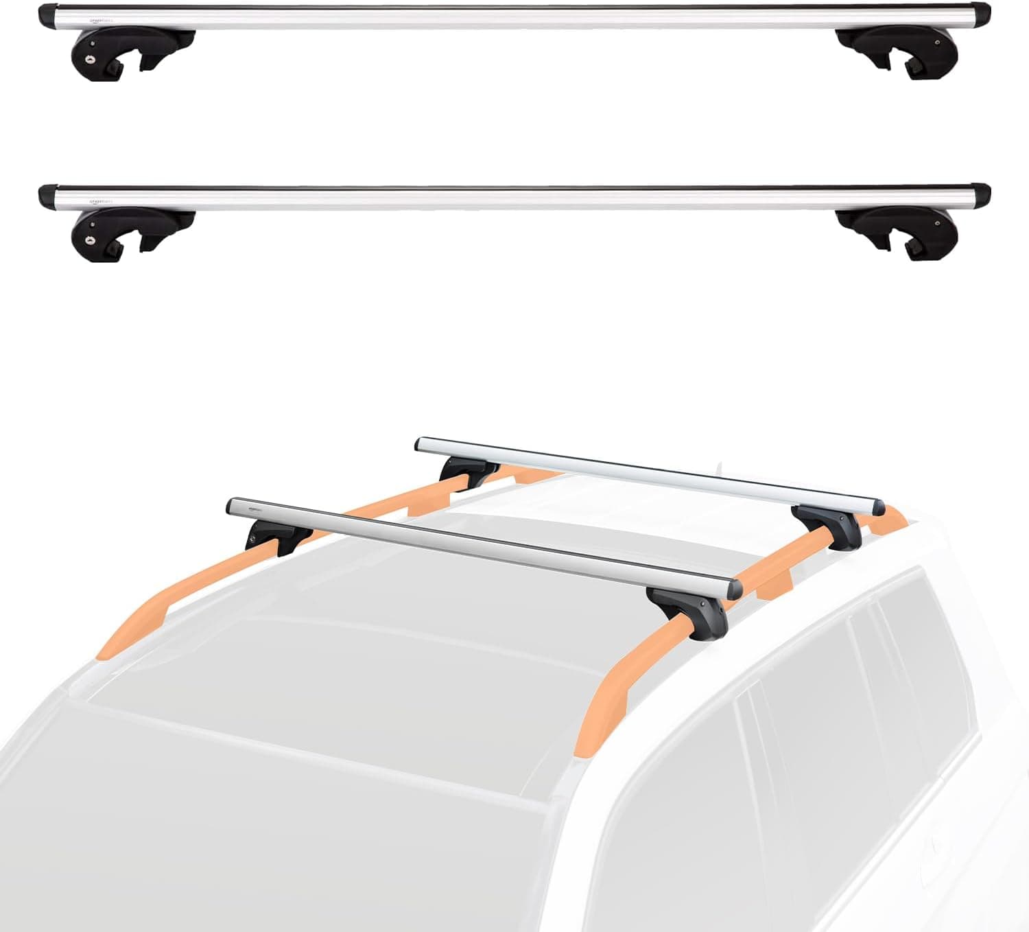 Amazon Basics portaequipajes de techo con riele cruzados 142 cm, se adapta a tramos de hasta 126 cm pulgadas entre rieles laterales elevados con espacio, paquete de 2, negro/plateado