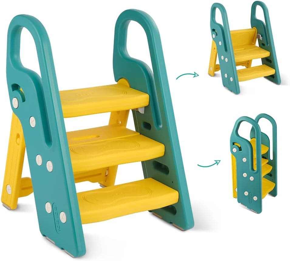 Onasti Taburete Plegable de Tres peldaños para niños, Escalera de 3 peldaños para niños, Asiento de Entrenamiento para Inodoro, multifunción, Ajustable en Altura, Antideslizante (Verde)