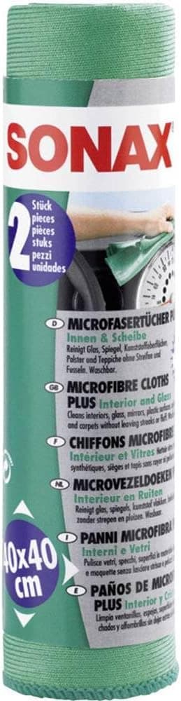 SONAX Paños de Microfibra Plus Interior y Cristales (2 Unidades), para una Limpieza sin estrías, Rayas ni Pelusas | N.°04165410