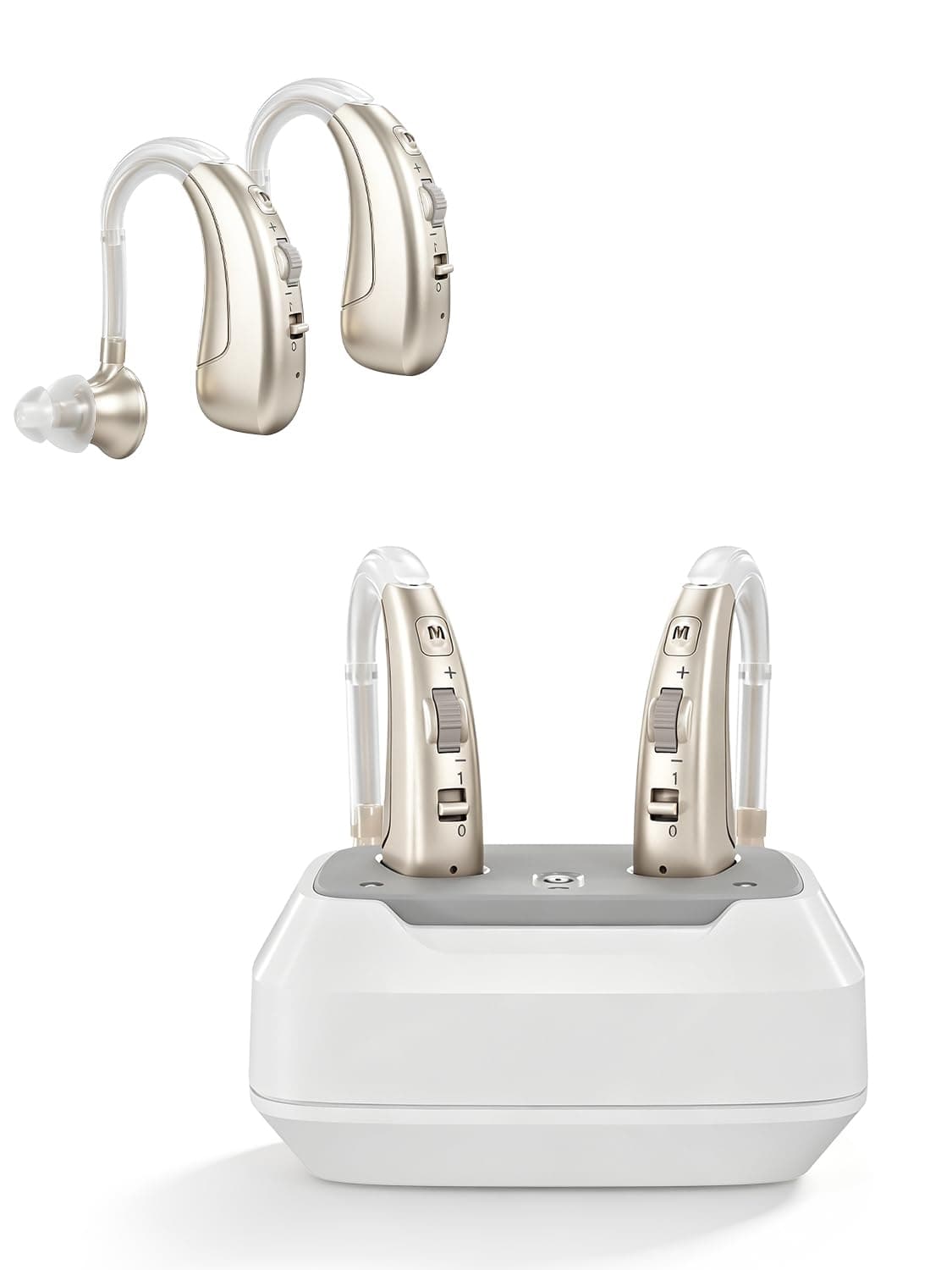 【Actualización 2026】Amplificador de sonido con filtrado de ruido, ultraligero (6 g), carga rápida, volumen ajustable, 4 modos adaptativos, base de carga USB y 4 almohadillas auriculares, oro