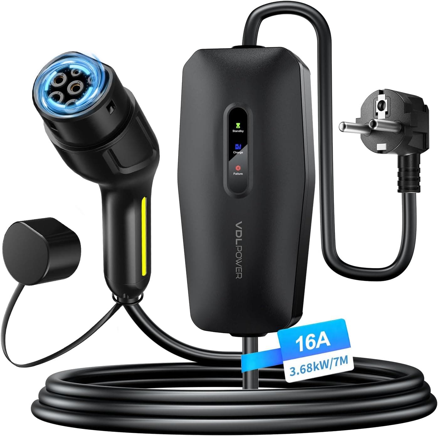 Cargador Coche Electrico Tipo 2 Schuko 3,68kW 16A, Wallbox Portatil IP65, 7m